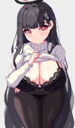 Rule 34 | 1girl, animated, animated gif, black bra, black hair, black halo, black panties, black pantyhose, blue archive, bra, breasts, bright pupils, cleavage, grey background, hair ornament, halo, highres, huge breasts, long hair, looking at viewer, looping animation, panties, pantyhose, piao mao, pixel art, ringed eyes, rio (blue archive), simple background, solo, sweater, underwear, very long hair, white pupils, white sweater