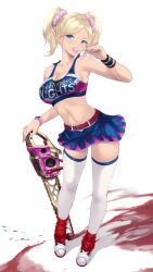 Rule 34 | 1girl, animification, belt, blonde hair, blood, blue eyes, breasts, cait aron, candy, chainsaw, cleavage, clothes writing, collarbone, food, full body, hair ornament, hair scrunchie, highres, holding, holding candy, holding chainsaw, holding food, holding lollipop, juliet starling, lollipop, lollipop chainsaw, looking at viewer, medium breasts, midriff, navel, pink scrunchie, red belt, red socks, scrunchie, shoes, short hair, socks, solo, standing, thighhighs, thighs, twintails, white background, white footwear, white thighhighs, zettai ryouiki