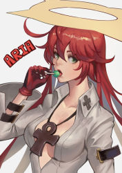 Rule 34 | 1girl, aria (guilty gear), bodysuit, breasts, candy, character name, cleavage, collarbone, spiked halo, cross, food, gloves, green eyes, grey background, guilty gear, guilty gear strive, hair between eyes, halo, jack-o&#039; valentine, lollipop, long hair, looking at viewer, looking to the side, medium breasts, multicolored hair, no bra, phamoz, red gloves, red hair, simple background, solo, two-tone hair, upper body, white bodysuit