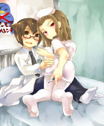 Rule 34 | 2boys, annoyed, ass, bed, blush, brown eyes, brown hair, child, crossdressing, doctor, endou mamoru, feet, frown, full body, glasses, dreadlocks, hat, inazuma eleven, inazuma eleven (series), indoors, kidou yuuto, lab coat, long hair, looking at viewer, looking back, male focus, multiple boys, nurse, nurse cap, open mouth, pantyhose, red eyes, short hair, sitting, sweat, thermometer, trap, uniform, yaoi