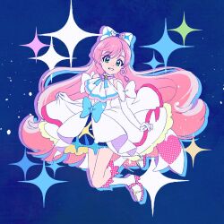 Rule 34 | 1girl, blue bow, boots, bow, cure prism, dress, earrings, elbow gloves, full body, glove bow, gloves, green eyes, hair bow, hirogaru sky! precure, holding, holding clothes, holding skirt, jewelry, long hair, magical girl, nijigaoka mashiro, pink hair, precure, skirt, smile, solo, sparkle, strawberrylove2525, very long hair, white bow, white dress, white footwear, white gloves