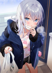 Rule 34 | 1girl, :o, animal print, bag, black shorts, blue eyes, blue jacket, blush, can, commentary request, day, grey hair, grocery bag, hand on mask, highres, holding, holding bag, jacket, kanda done, leg up, long sleeves, looking at viewer, mask, mask pull, medium hair, mouth mask, open clothes, open door, open jacket, original, print shirt, shirt, shopping bag, short shorts, shorts, solo, standing, standing on one leg, white shirt