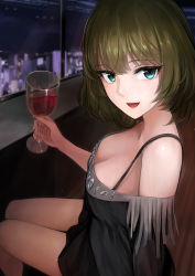 Rule 34 | 1girl, :d, absurdres, alcohol, bare legs, black shirt, blue eyes, breasts, city lights, cityscape, cleavage, collarbone, cup, drinking glass, green eyes, green hair, hair between eyes, heterochromia, highres, idolmaster, idolmaster cinderella girls, indoors, kusaba eru (happy crystal), light blush, long sleeves, looking at viewer, medium breasts, night, off-shoulder shirt, off shoulder, open mouth, red wine, restaurant, shirt, short hair, smile, solo, takagaki kaede, window, wine, wine glass
