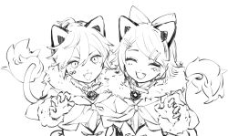 Rule 34 | 1boy, 1girl, animal ears, boku (user vppr4885), bow, claw pose, closed eyes, collar, eyebrows hidden by hair, facial mark, facing viewer, fang, fur-trimmed sleeves, fur collar, fur trim, greyscale, hair between eyes, hair bow, kagamine len, kagamine rin, leaning forward, lineart, lion boy, lion ears, lion girl, lion tail, looking at viewer, magical mirai (vocaloid), magical mirai len, magical mirai len (2019), magical mirai rin, magical mirai rin (2019), mechanical ears, monochrome, neckerchief, open mouth, parted bangs, short hair, simple background, tail, upper body, vocaloid, white background