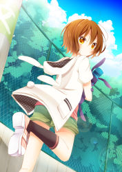 Rule 34 | 1boy, akane (goma), animal ears, brown hair, rabbit ears, rabbit tail, doll, fake animal ears, goma (11zihisin), highres, holding, hood, hoodie, looking back, male focus, open mouth, original, outdoors, shoes, short hair, shorts, sneakers, socks, solo, souta (goma), stuffed animal, stuffed toy, tail, trap, yellow eyes