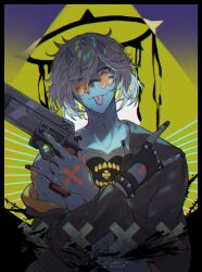 Rule 34 | 1boy, \m/, blue skin, colored skin, double \m/, grey hair, guilty gear, guilty gear strive, gun, halo, happy chaos, holding, holding gun, holding weapon, horns, jacket, looking at viewer, male focus, off shoulder, oni horns, solo, tongue, tongue out, weapon, youmicitrustea