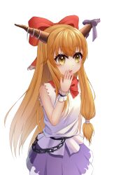 Rule 34 | 1girl, absurdres, blush, bow, breasts, brown horns, chain, commentary request, covering own mouth, cowboy shot, hair bow, hand over own mouth, highres, horn bow, horn ornament, horns, ibuki suika, light brown hair, long hair, looking afar, medium bangs, open mouth, purple bow, purple skirt, qi hong (user nxfw8885), red bow, shirt, sidelocks, simple background, skirt, sleeveless, sleeveless shirt, small breasts, solo, touhou, very long hair, white background, white shirt, wrist cuffs, yellow eyes