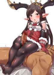 Rule 34 | 10s, 1boy, 1girl, antlers, arulumaya, blush, breath, brown hair, christmas, feet, fur trim, gloves, granblue fantasy, harvin, hetero, horns, long hair, mole, mole under eye, mushi024, no shoes, open mouth, pantyhose, penis, pointy ears, reindeer antlers, shiny clothes, solo focus, sweat, thick thighs, thigh sex, thighs, tiara, toes, uncensored