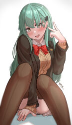 Rule 34 | 1girl, absurdres, aqua eyes, aqua hair, ascot, blazer, blush, bow, bowtie, breasts, brown cardigan, brown jacket, brown skirt, brown thighhighs, cardigan, collared shirt, covering privates, covering crotch, gradient background, green eyes, green hair, hair between eyes, hair ornament, hairclip, highres, hirotsuki, jacket, kantai collection, large breasts, long hair, long sleeves, looking at viewer, open cardigan, open clothes, open mouth, orange ascot, pleated skirt, red bow, red bowtie, school uniform, shadow, shirt, simple background, skirt, smile, solo, suzuya (kancolle), suzuya kai ni (kancolle), thighhighs, white background, white shirt