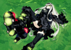 Rule 34 | 10s, 1girl, :o, abyssal ship, aircraft carrier water oni, armor, armored boots, bare shoulders, black dress, black footwear, black gloves, black thighhighs, boots, detached sleeves, dress, foreshortening, gloves, glowing, glowing eye, green eyes, hair ornament, kantai collection, knee boots, long hair, long sleeves, ribbed dress, short dress, solo, thighhighs, tsurukame, very long hair, white hair, wide sleeves