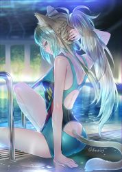 Rule 34 | 1girl, alternate hairstyle, animal ears, arm behind head, arm support, ass cutout, atalanta (fate), bad id, bad twitter id, blonde hair, braid, breasts, butt crack, cat ears, cat girl, cat tail, clothing cutout, commentary request, competition swimsuit, fate/grand order, fate (series), from behind, green eyes, green hair, long hair, looking at viewer, looking to the side, miyuki ruria, multicolored hair, one-piece swimsuit, ponytail, poolside, sidelocks, sitting, small breasts, solo, swimsuit, tail, twitter username, two-tone hair