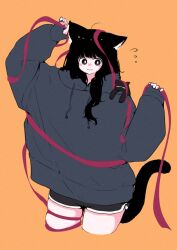 Rule 34 | 1girl, ahoge, animal, animal ear fluff, animal ears, animal on shoulder, arms up, black cat, black eyes, black hair, blush, bright pupils, cat, cat ears, cat girl, cat on shoulder, cat tail, cropped legs, dolphin shorts, flying sweatdrops, grey hoodie, hair over shoulder, highres, hood, hoodie, megateru, nose blush, orange background, original, oversized clothes, parted lips, red ribbon, ribbon, shorts, skindentation, sleeves past wrists, smile, solo, tail, thighs, w arms, white pupils