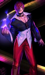 Rule 34 | 1boy, choker, fire, hair over one eye, highres, jacket, looking at viewer, male focus, oshirimarsh, pants, pectoral cleavage, pectorals, purple fire, pyrokinesis, red eyes, red hair, red pants, short hair, simple background, snk, solo, the king of fighters, the king of fighters &#039;95, unbuttoned sleeves, yagami iori