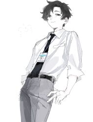 Rule 34 | 1boy, ^ ^, belt, black eyes, black hair, black necktie, blue archive, blue archive the animation, closed eyes, closed mouth, collared shirt, doodle sensei (blue archive), grey pants, hair over one eye, highres, id card, kawatiw, male focus, necktie, pale skin, pants, sensei (blue archive), sensei (blue archive the animation), shirt, shirt tucked in, simple background, solo, white background