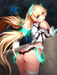 Rule 34 | 10s, 1girl, :o, against wall, angela balzac, armor, ass, bare shoulders, blonde hair, blue eyes, blush, breast rest, breasts, cowboy shot, female focus, floating hair, from behind, glowing, hair ornament, halterneck, head tilt, highleg, highleg leotard, highres, lantern, large breasts, leotard, light trail, long hair, looking at viewer, looking back, low twintails, nebula, neon trim, night, night sky, open mouth, outdoors, pilot suit, rakuen tsuihou, sky, solo, star (sky), starry sky, surprised, takanashie, thigh strap, thong, thong leotard, turtleneck, twintails, very long hair