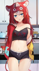Rule 34 | 1girl, animal ear fluff, animal ears, asymmetrical sleeves, bare shoulders, black hair, black shorts, blue eyes, breasts, counter, crop top, cup, dice, eye mask, hair down, hakos baelz, highres, hololive, hololive english, jacket, kitchen, mask, mask on head, medium breasts, midriff, mismatched sleeves, mouse ears, mouse tail, mug, multicolored hair, navel, off-shoulder jacket, off shoulder, open clothes, open jacket, open mouth, pot, red hair, sharp teeth, shelf, short shorts, shorts, shuuzo3, solo, streaked hair, tail, teeth, thighs, virtual youtuber, white hair