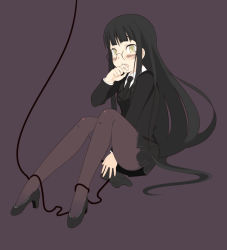Rule 34 | 1girl, biting, black hair, blush, controller, female protagonist (houkago play), finger biting, game controller, glasses, high heels, houkago play, legs, long hair, miniskirt, necktie, oza watto, pantyhose, shoes, sitting, skirt, solo, very long hair, yellow eyes
