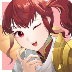 Rule 34 | 1girl, anna (fire emblem), fire emblem, fire emblem heroes, gold, high ponytail, highres, ikura (downdexp), nail polish, nintendo, one eye closed, open mouth, red eyes, red hair, red nails, side ponytail, solo
