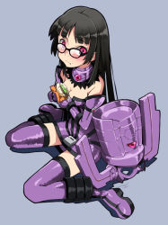 Rule 34 | 1girl, :t, animification, bare shoulders, black-framed eyewear, black hair, blue background, blush, boots, breasts, burger, cleavage, closed mouth, dress, eating, elbow gloves, eyebrows, eyelashes, food, food on face, frown, galacta, glasses, gloves, helmet, holding, holding food, io naomichi, long hair, marvel, medium breasts, pink eyes, purple dress, purple footwear, purple gloves, shadow, short dress, simple background, sitting, solo, straight hair, strapless, strapless dress, thigh boots, thighhighs, very long hair, wariza, zettai ryouiki