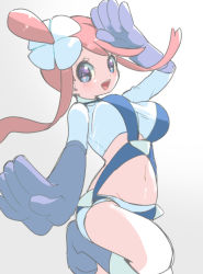 Rule 34 | 1girl, arm up, blue eyes, blue footwear, blue gloves, blue shirt, blue shorts, blush, boots, breasts, chorimokki, creatures (company), crop top, female focus, game freak, gloves, grey background, gym leader, hair ornament, happy, knee boots, large breasts, leg up, looking at viewer, midriff, navel, nintendo, open mouth, poke ball symbol, pokemon, pokemon bw, red hair, salute, shirt, short shorts, shorts, simple background, skyla (pokemon), smile, solo, standing, standing on one leg, teeth, topknot