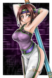 Rule 34 | 1041 (toshikazu), 1girl, alternate costume, armpits, arms behind head, arms up, blush, brown eyes, brown hair, headband, looking at viewer, parted lips, polearm, seong mi-na, side slit, solo, soul calibur, soulcalibur, soulcalibur iii, weapon
