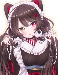 Rule 34 | 1girl, 299 (horisso), :3, animal ears, apron, brown hair, commentary, dog ears, dog girl, dog hair ornament, flower, frilled apron, frills, gradient background, hair flower, hair ornament, heterochromia, inui toko, japanese clothes, kimono, long hair, low twintails, maid, maid headdress, nijisanji, red eyes, red flower, simple background, solo, twintails, upper body, very long hair, virtual youtuber, wa maid, yellow background, yellow eyes