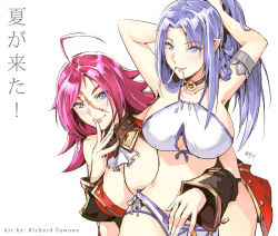 Rule 34 | 2girls, adjusting hair, ahoge, alternate breast size, armlet, artist name, bikini, blue eyes, blue hair, breasts, medea (fate), choker, cleavage, commentary, english commentary, fate/grand order, fate (series), francis drake (fate), hair in own mouth, huge breasts, leaning forward, long hair, multiple girls, pixiv fate/grand order contest 2, pointy ears, purple hair, richard suwono, scar, scar on face, swimsuit, translation request, very long hair, white background, white bikini