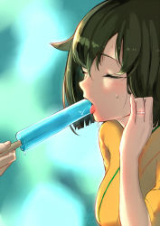 Rule 34 | 10s, 1girl, brown hair, closed eyes, fellatio, food, hair between eyes, tucking hair, hiryuu (kancolle), japanese clothes, jewelry, kantai collection, kimono, open mouth, oral, poco (backboa), popsicle, ring, sexually suggestive, short hair, signature, simulated fellatio, solo, sweat, tongue, tongue out, wedding band