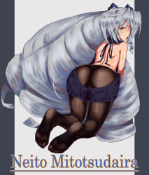 Rule 34 | 1girl, :/, all fours, arched back, ass, black pantyhose, blush, character name, chiwa (tsugumisky), crotch seam, drill hair, feet, from behind, full body, grey background, grey hair, hair between eyes, highres, kyoukaisenjou no horizon, long hair, looking back, meme attire, nate mitotsudaira, no shoes, orange eyes, pantyhose, parted lips, soles, solo, toes, very long hair, virgin killer sweater