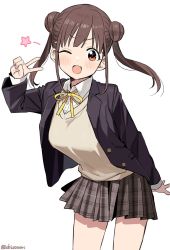 Rule 34 | 1girl, arm behind back, black jacket, blazer, blush, breasts, brown eyes, brown hair, brown skirt, checkered clothes, checkered skirt, dot nose, double bun, female focus, hair bun, hand up, highres, idolmaster, idolmaster shiny colors, jacket, long sleeves, looking at viewer, medium breasts, neck ribbon, one eye closed, open clothes, open jacket, open mouth, ribbon, shisoneri, simple background, skirt, smile, solo, sonoda chiyoko, star (symbol), thighs, twitter username, v, v-shaped eyebrows, vest, white background, wing collar, yellow ribbon