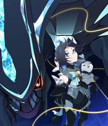 Rule 34 | 1girl, absurdres, black gloves, black hair, black skirt, black thighhighs, blue bow, blue hair, bow, breasts, colored inner hair, creatures (company), crossed arms, crossover, detached sleeves, dialga, floating hair, game freak, gen 4 pokemon, gloves, hair intakes, highres, holocouncil, hololive, hololive english, large breasts, leaning back, legendary pokemon, looking at viewer, multicolored hair, nintendo, ouro kronii, piplup, pokemon, pokemon (creature), power connection, red eyes, ronin (zeth total), short hair, skirt, smile, thighhighs, virtual youtuber
