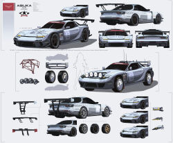 Rule 34 | absurdres, antennae, brand name imitation, car, character sheet, commentary, english text, exhaust pipe, haguruma c, headlight, highres, logo parody, mazda rx-7, mazda rx-7 fd, motor vehicle, multiple views, no humans, original, race vehicle, racecar, rollcage, shadow, silhouette, simple background, spoiler (automobile), symbol-only commentary, tail lights, vehicle focus, wheel, white background