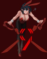 Rule 34 | 1girl, alternate costume, breasts, highres, hong doo, kill la kill, large breasts, leotard, looking at viewer, matoi ryuuko, playboy bunny, red background, scissors, smile, solo