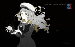 Rule 34 | 1girl, arms up, artist name, beret, black background, brown hair, closed mouth, copyright name, dandelion seed, darling in the franxx, green eyes, hat, kokoro (darling in the franxx), logo, long hair, long sleeves, looking at viewer, monochrome, simple background, smile, solo, standing, uniform, upper body, zzl