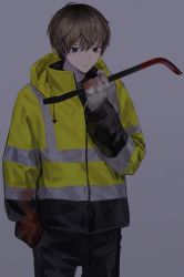 Rule 34 | 1boy, bad id, bad twitter id, blood, blood stain, brown hair, commentary request, cowboy shot, crowbar, expressionless, gloves, hair between eyes, highres, holding, holding crowbar, long sleeves, looking at viewer, male focus, original, purple background, short hair, simple background, solo, teru2307