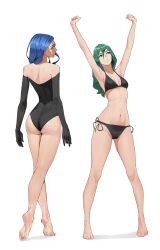 Rule 34 | 2girls, absurdres, armpits, arms up, ass, bare legs, bare shoulders, barefoot, bikini, black bikini, black gloves, black leotard, blue eyes, blue hair, breasts, commentary, elbow gloves, english commentary, feet, film grain, full body, gloves, green eyes, green hair, groin, hair over shoulder, highres, legs apart, leotard, long hair, looking back, looking up, multiple girls, navel, original, parted lips, side-tie bikini bottom, simple background, small breasts, standing, stretching, swimsuit, tbocart, tiptoes, toned, white background