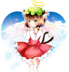 Rule 34 | 1girl, angel wings, animal ears, brown eyes, brown hair, cat ears, cat tail, chen, halo, hat, heart, heart tail, multiple tails, nekomata, solo, tail, takamoto akisa, thighhighs, touhou, two tails, white thighhighs, wings