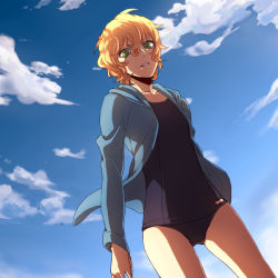 Rule 34 | 1girl, bad id, bad pixiv id, blue hoodie, blue sky, blue one-piece swimsuit, cameltoe, cloud, covered navel, day, dutch angle, from below, hair between eyes, hood, hoodie, looking at viewer, looking down, mary sera, meitantei conan, one-piece swimsuit, open clothes, open hoodie, parted lips, school swimsuit, short hair, sky, solo, standing, sumibi03, swimsuit