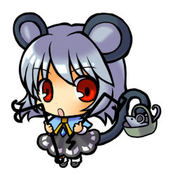Rule 34 | 1girl, animal ears, basket, chibi, dowsing rod, female focus, grey hair, mouse ears, mouse tail, nazrin, red eyes, simple background, socha, solo, tail, touhou