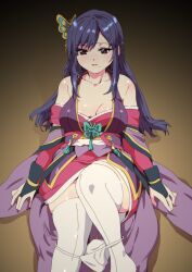 Rule 34 | 1girl, blush, breasts, butterfly hair ornament, cleavage, detached sleeves, eyelashes, hahawaho, hair ornament, japanese clothes, kimono, leg up, legs, lips, lipstick, long bangs, long hair, lying, makeup, mole, mole under mouth, nouhime, nouhime (sengoku musou), obi, on back, panties, panties around leg, purple eyes, purple hair, sash, sengoku musou, shiny skin, sitting, swept bangs, thighhighs, thighs, underwear, white panties, white thighhighs