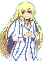 Rule 34 | 1girl, absurdres, bad id, bad twitter id, blonde hair, blue eyes, blue outline, blush, choker, colette brunel, commentary request, dated, happy, highres, interlocked fingers, jewelry, long hair, long sleeves, looking at viewer, necklace, outline, own hands together, robe, signature, simple background, smile, solo, tales of (series), tales of symphonia, very long hair, white background, zyugoya
