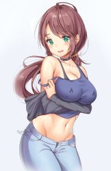 Rule 34 | 1girl, artist name, bare shoulders, blue shirt, borrowed character, breasts, brown hair, choker, cleavage, collarbone, commentary, cowboy shot, crop top, denim, fictional persona, gradient background, green eyes, grey jacket, groin, hair ornament, hair scrunchie, highres, jacket, kaptivate, large breasts, long hair, long sleeves, looking at viewer, low ponytail, midriff, navel, off shoulder, open fly, open mouth, original, pants, scrunchie, shirt, sidelocks, sleeveless, sleeveless shirt, smile, solo, strap slip, tank top