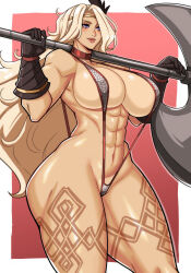 Rule 34 | 1girl, abs, absurdres, adapted costume, alecto 0, amazon (dragon&#039;s crown), armor, ass, axe, battle axe, bikini armor, black gloves, blonde hair, blue eyes, body markings, breasts, choker, dragon&#039;s crown, gloves, happy, headband, highres, holding, holding axe, holding weapon, large breasts, leg tattoo, lips, long hair, muscular, muscular female, revealing clothes, slingshot swimsuit, smile, solo, swept bangs, swimsuit, tattoo, tattoo on legs, tattoo on thigh, thick thighs, thighs, weapon