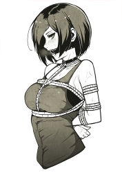 Rule 34 | 1girl, ada wong, arms behind back, bare shoulders, bdsm, black hair, blush, bob cut, bondage, bound, breasts, choker, cropped torso, gag, gagged, greyscale, half-closed eyes, heavy breathing, medium breasts, monochrome, open mouth, resident evil, resident evil 2, resident evil 2 (remake), restrained, rope, short hair, solo, sweat, xiaobang