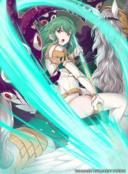 Rule 34 | 1girl, 40hara, armor, breastplate, company connection, copyright name, dress, elbow gloves, fire emblem, fire emblem cipher, fire emblem echoes: shadows of valentia, gloves, green eyes, green hair, headband, highres, holding, holding weapon, horns, horseback riding, long hair, looking at viewer, looking back, monster, nintendo, official art, open mouth, palla (fire emblem), pauldrons, pegasus, pegasus knight uniform (fire emblem), polearm, riding, short dress, shoulder armor, single horn, spear, tentacles, weapon, white gloves, white legwear