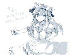 Rule 34 | 1girl, 2017, bow, commentary request, dated, food, fruit, greyscale, hair between eyes, hand on own hip, hat, hat ribbon, hinanawi tenshi, long hair, monochrome, one-hour drawing challenge, peach, puffy short sleeves, puffy sleeves, ribbon, short sleeves, skirt, smile, solo, tako (plastic protein), thumbs up, touhou, translation request