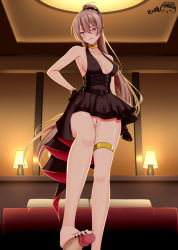 Rule 34 | 1boy, 1girl, azur lane, bare shoulders, bed, bedroom, black gloves, black nails, blonde hair, blush, breasts, censored, cleavage, cleft of venus, closed mouth, cocktail dress, commentary request, commission, dress, erection, evening gown, footjob, gloves, gold bracelet, gold choker, hair between eyes, halter dress, halterneck, hand on own hip, hetero, high ponytail, highres, indoors, jean bart (azur lane), jean bart (uninhibited bloodstone) (azur lane), lampshade, long hair, looking at viewer, lying, medium breasts, mosaic censoring, nail polish, no panties, on back, out of frame, penis, pillow, ppshex, pussy, red eyes, sidelocks, skirt, stepped on, thighlet, toenail polish, toenails, upskirt, very long hair