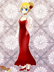 Rule 34 | 1girl, blonde hair, blue eyes, breasts, cleavage, dress, flower, gloves, hair flower, hair net, hair ornament, high heels, jewelry, mochizuki mina, mugen no fantasia, necklace, red dress, red rose, rose, shoes, short hair, small breasts, smile, solo, white gloves