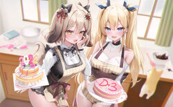 Rule 34 | 2girls, :d, absurdres, ahoge, animal, animal ears, apron, bandaid, bandaid on cheek, bandaid on face, bare shoulders, bell, biscuit (nikke), black bow, black dress, blonde hair, blue eyes, blurry, blurry background, blush, bow, breasts, brown apron, brown eyes, brown hair, cake, checkered bow, checkered clothes, clothing cutout, collared shirt, commentary request, covered collarbone, curtains, day, depth of field, dog, dog ears, dog girl, dog tail, dress, dress shirt, fang, food, food on clothes, goddess of victory: nikke, hair bell, hair between eyes, hair bow, hair ornament, heart, heart hair ornament, highres, holding, holding plate, indoors, jehyun, jingle bell, korean commentary, laplace (nikke), long hair, long sleeves, medium breasts, multiple girls, open mouth, plate, pleated dress, puffy long sleeves, puffy sleeves, ribbed sweater, shirt, shoulder cutout, sleeveless, sleeveless dress, smile, striped apron, striped clothes, sweater, tail, thick eyebrows, turtleneck, turtleneck sweater, twintails, v-shaped eyebrows, vertical-striped apron, vertical-striped clothes, very long hair, white shirt, white sweater, window