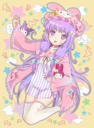 Rule 34 | 1girl, blush, bow, crescent, dress, female focus, flower, hair flower, hair ornament, hat, highres, kuromi, long hair, motiking, my melody, one eye closed, onegai my melody, patchouli knowledge, purple eyes, purple hair, rabbit, ribbon, sanrio, solo, striped, thighhighs, touhou, vertical stripes, white thighhighs, wink
